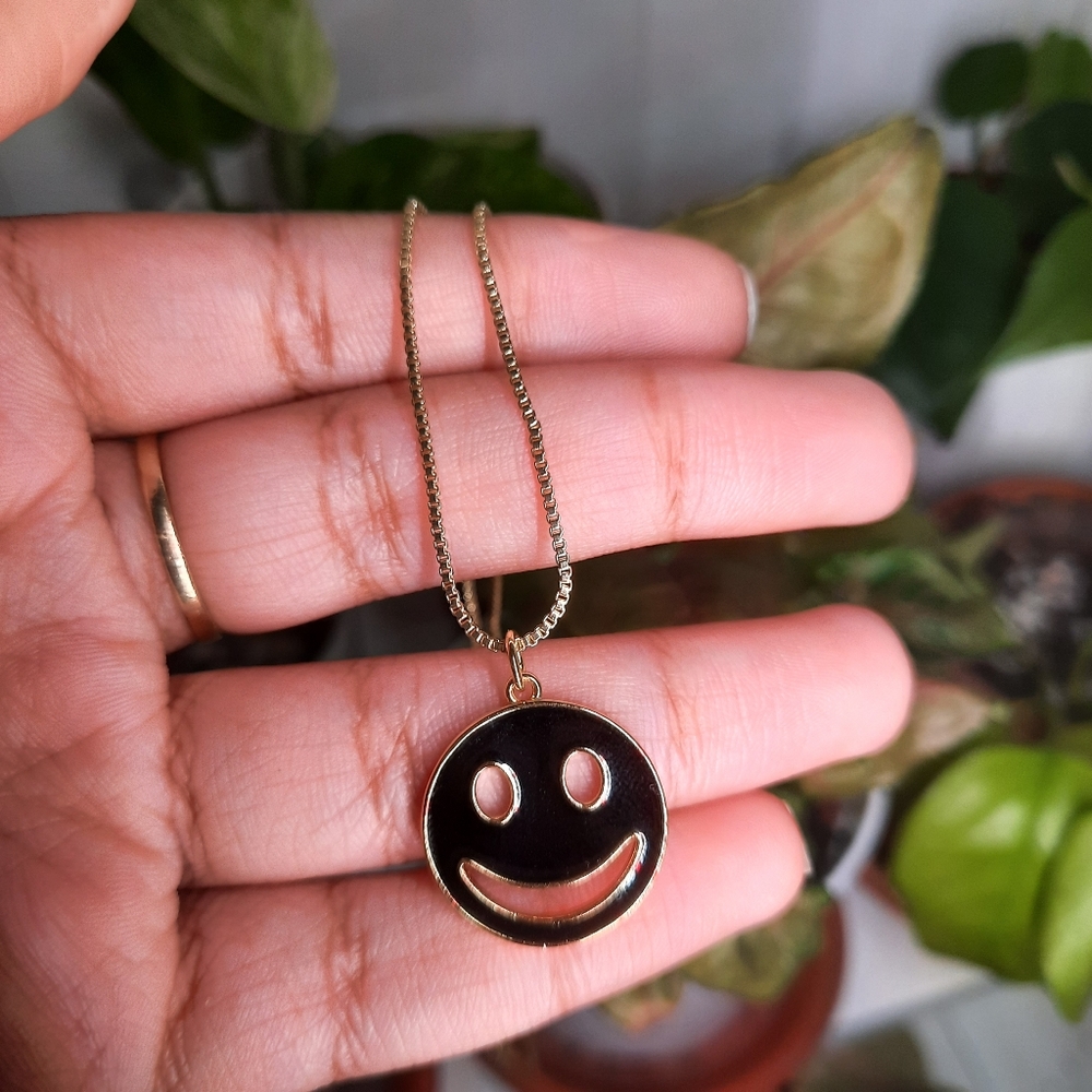 Gold Plated Black Enamel Smiley Face Necklace